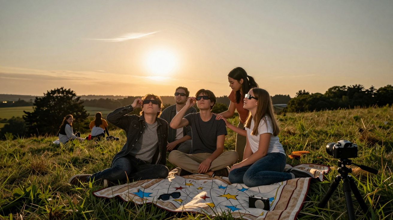 Grupa młodych ludzi oglądających zaćmienie słońca na trawie, siedzących na kocu z teleskopem w tle.