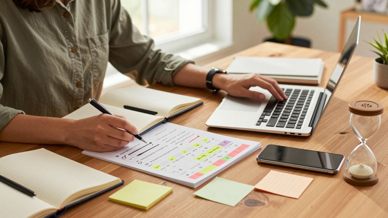 Osoba pracująca przy biurku z laptopem, notatnikiem i kalendarzem, pisze na kartce, obok klepsydra i smartfon.