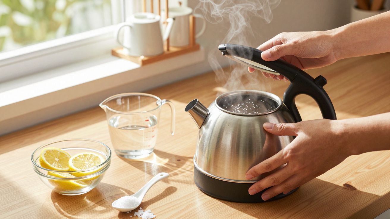Osoba otwiera gotujący się czajnik na drewnianym blacie obok talerzyka z cytryną, wody i łyżeczki z solą.