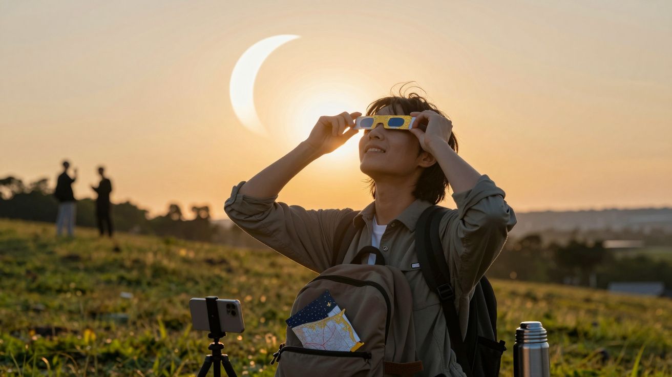 Osoba oglądająca zaćmienie słońca przez specjalne okulary na łące, z plecakiem i termos Frekwencjaeksiężyca.