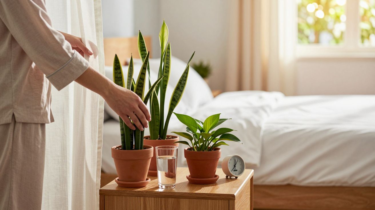 Osoba podlewająca rośliny doniczkowe na stoliku w sypialni. Obok stoi szklanka wody i zegarek.