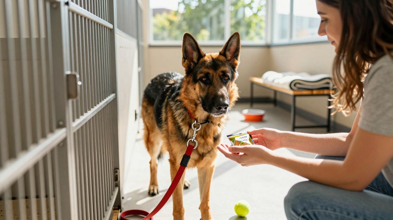 Kobieta karmi niemieckiego owczarka przed klatką w jasnym pokoju.