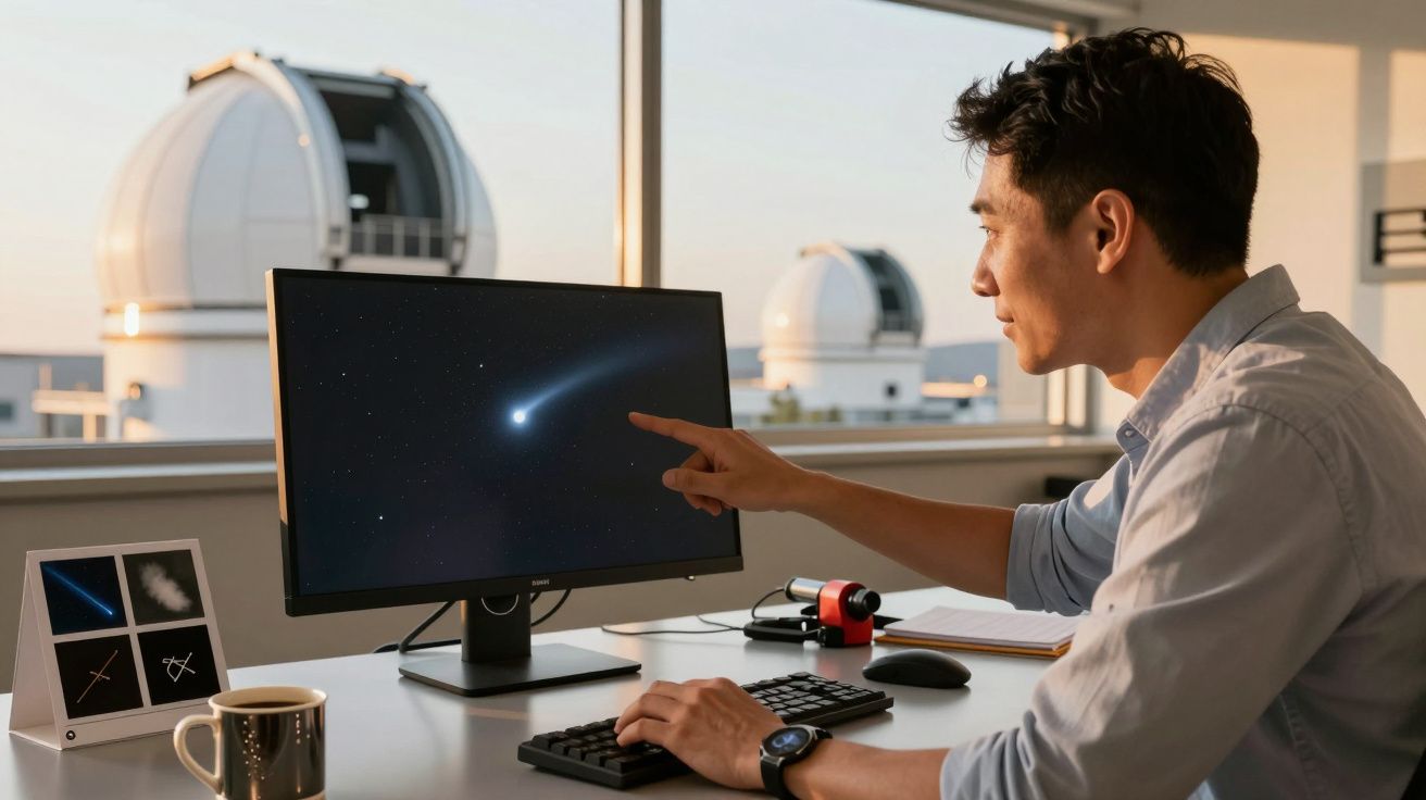 Naukowiec w biurze obserwuje kometę na ekranie monitora, w tle kopuły obserwatorium astronomicznego.