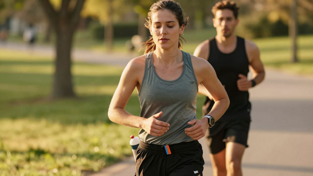 Kobieta i mężczyzna biegną w parku o zachodzie słońca. Ona w szarym topie, on w czarnej koszulce.