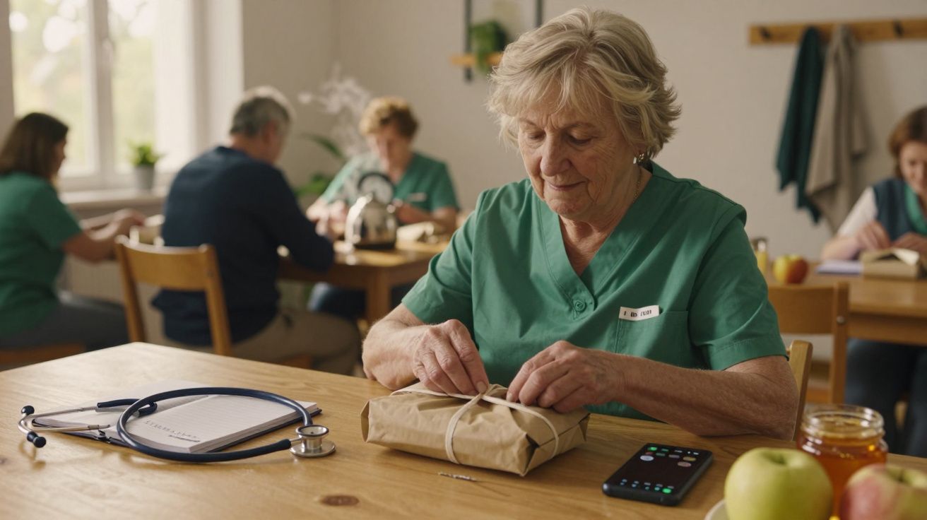 Starsza kobieta w zielonym stroju medycznym pakuje prezent przy stole, obok stetoskop i smartfon.