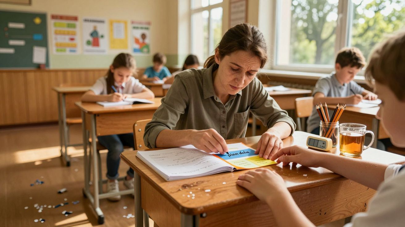 Nauczycielka pomaga uczniowi przy ławce w klasie, reszta dzieci pracuje samodzielnie.