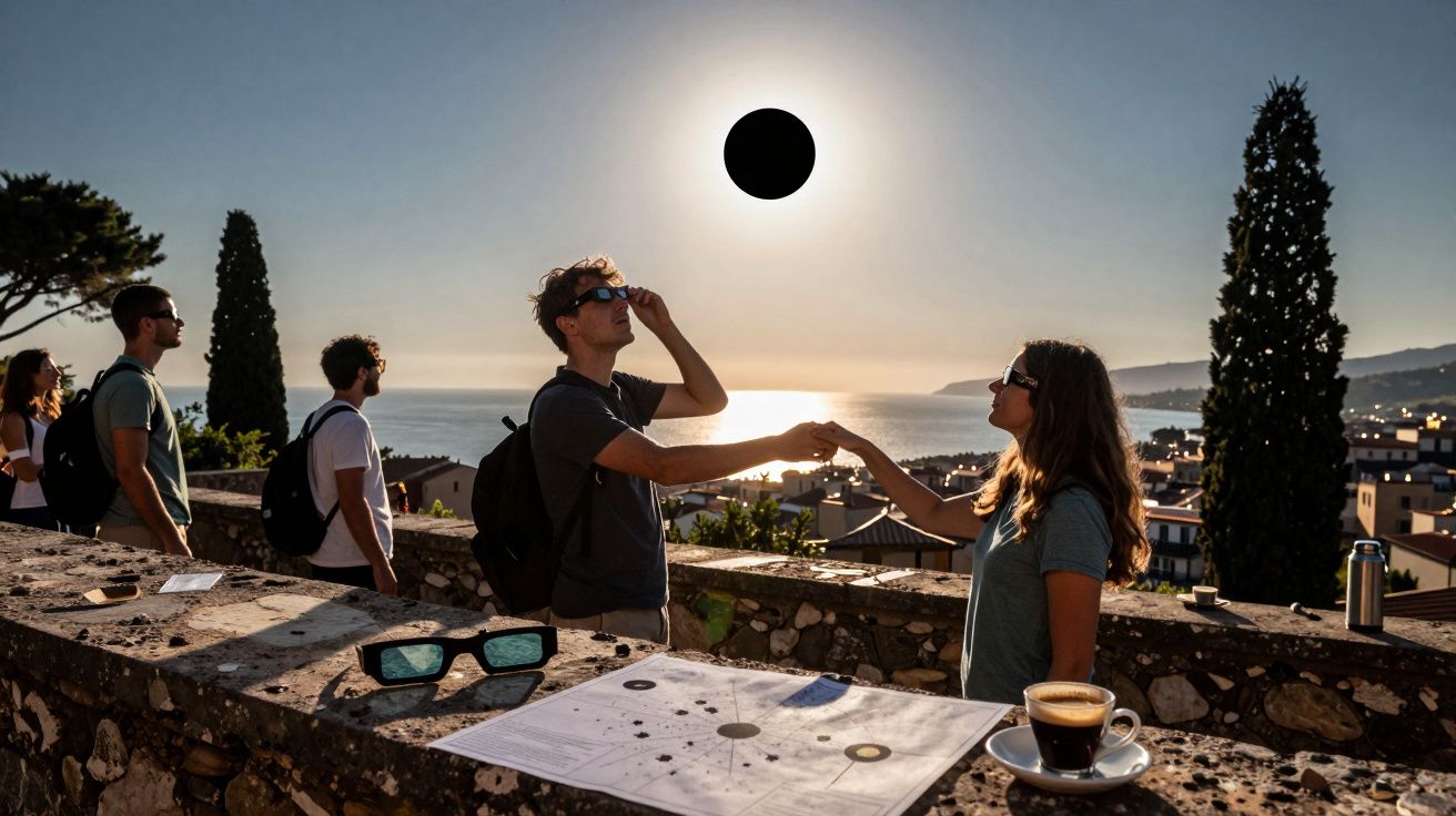 Ludzie oglądają zaćmienie słońca na tarasie z widokiem na morze, przy stole z kawą i mapą.
