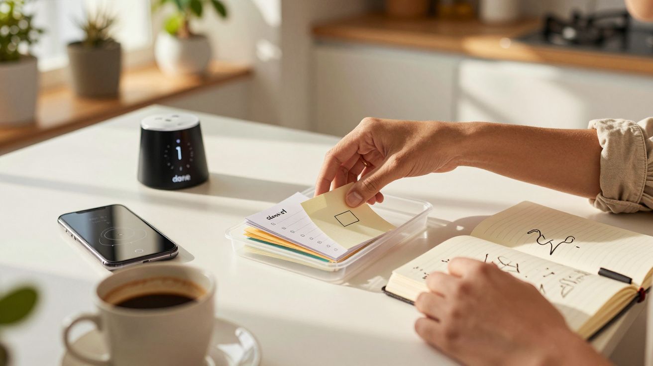 Osoba przegląda notatki przy biurku, obok niej leży telefon, filiżanka kawy i głośnik.
