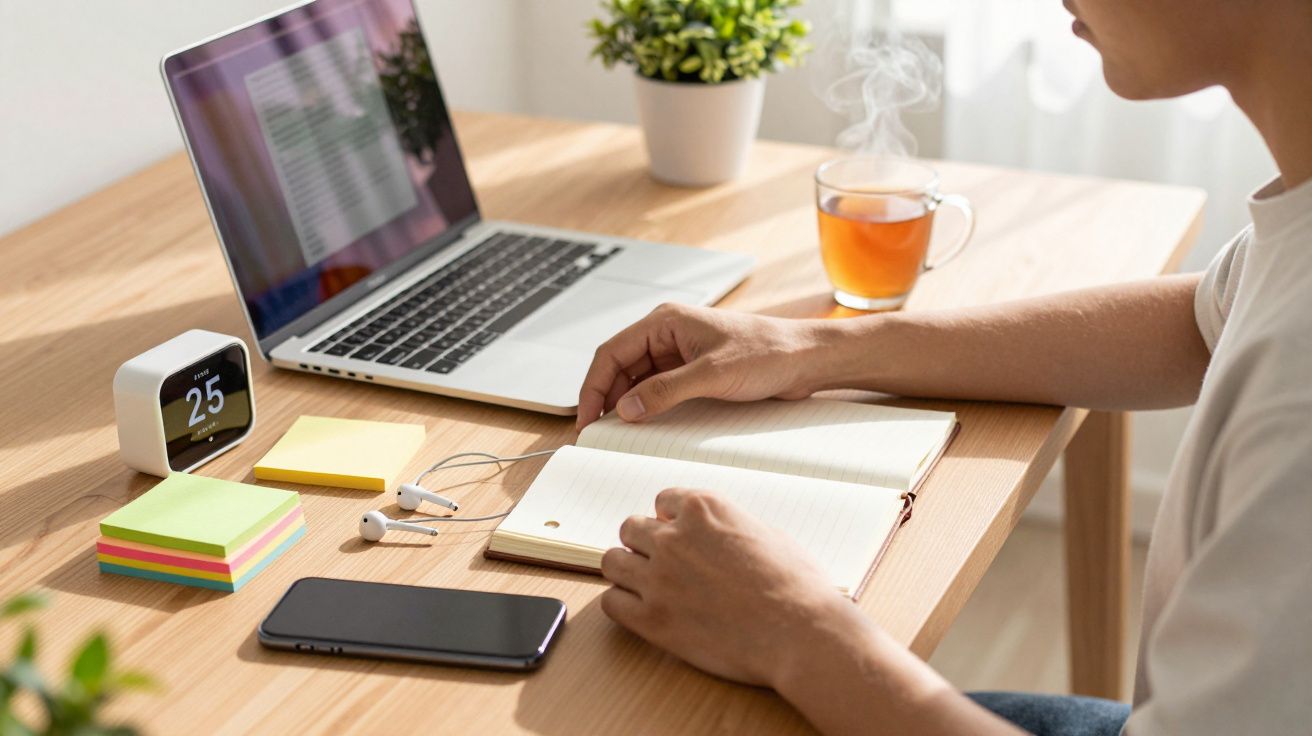 Osoba siedzi przy biurku, pisze w notesie. Na stole laptop, herbata, kolorowe karteczki i budzik.