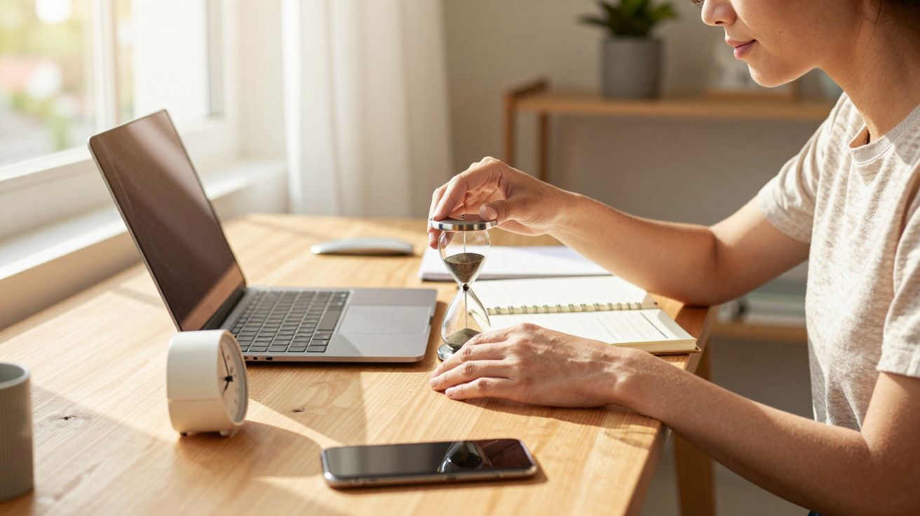 Osoba trzymająca klepsydrę przy biurku z laptopem, telefonem i notatnikiem.