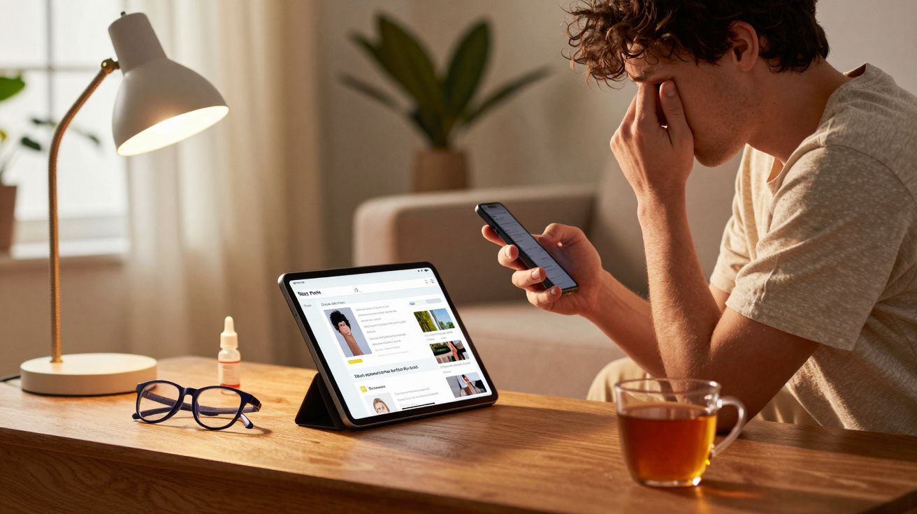 Mężczyzna siedzi przy stole, trzyma smartfon, obok tablet, okulary, krople do oczu i filiżanka herbaty.