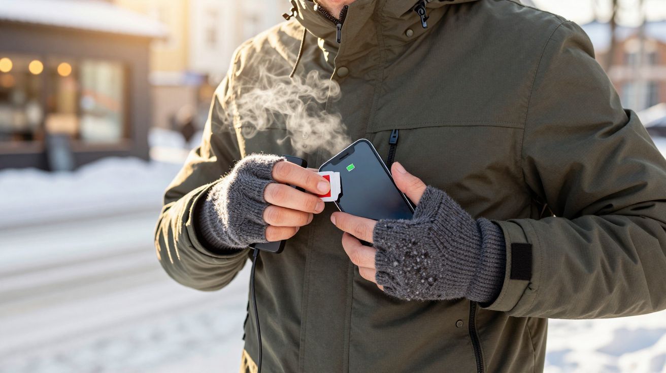 Osoba w rękawiczkach trzyma telefon i wdycha z elektronicznego urządzenia przy zimowej scenerii.