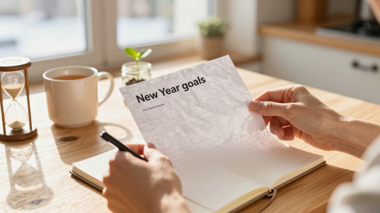 Osoba trzyma kartkę z napisem "New Year goals" przy biurku, obok notesu, filiżanki kawy i klepsydry.