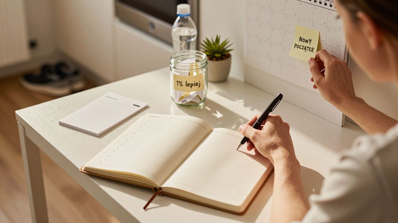 Osoba przy biurku pisząca w plannerze, naklejka "Nowy początek" na kalendarzu, słoik z napisem "1% lepiej".