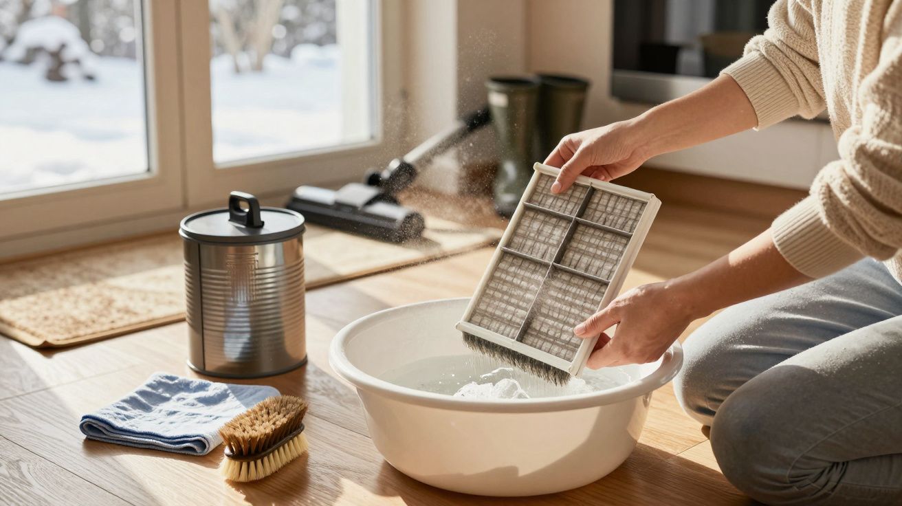 Osoba czyszcząca filtr odkurzacza w białej misce z wodą na podłodze, obok miotełka i ręcznik.