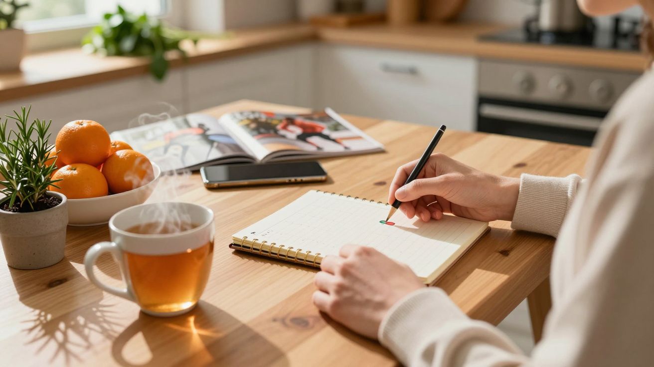 Osoba pisząca w notatniku przy kuchennym stole, obok filiżanka herbaty, owoce, czasopismo i roślina.