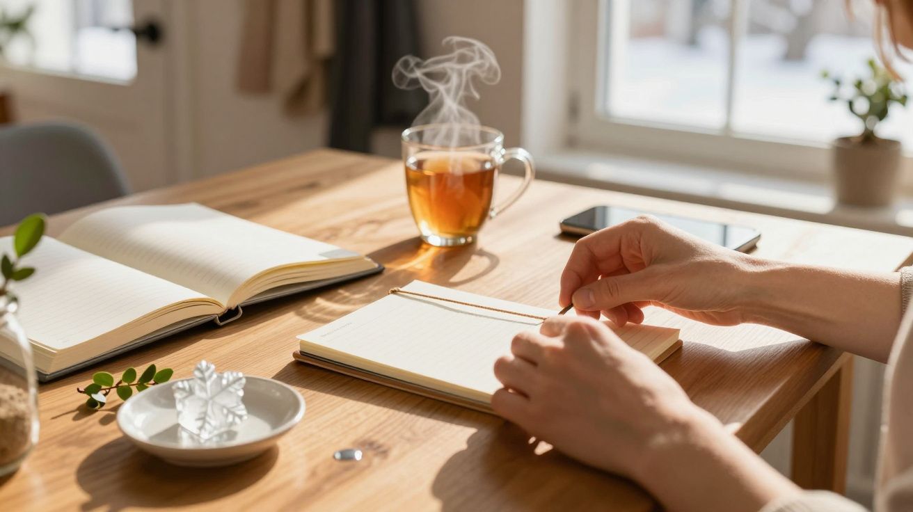 Osoba przy stole z filiżanką herbaty, otwartym zeszytem i telefonem, w tle jasne okno i roślina.