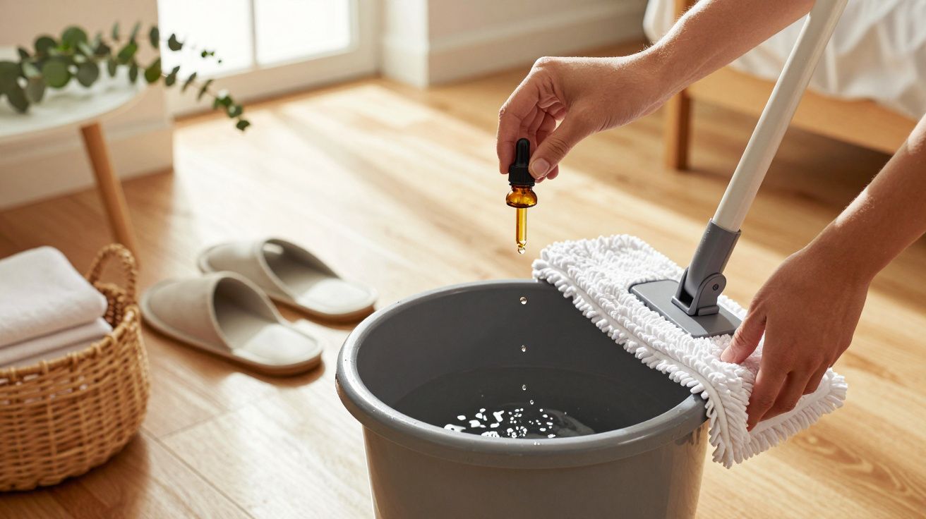 Osoba dodaje olejek eteryczny do wiadra z wodą, obok stoi mop i znajdują się kapcie oraz ręczniki.