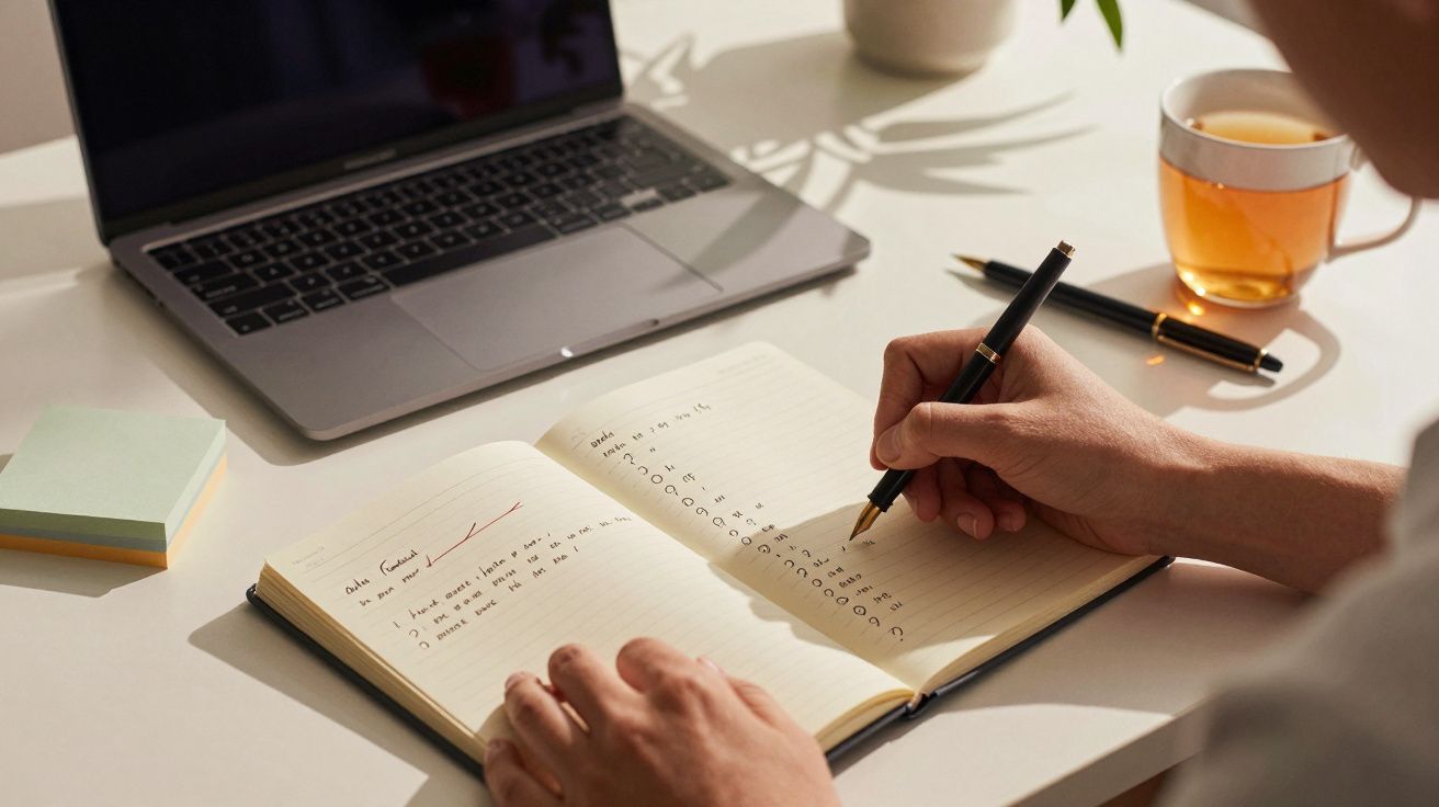 Osoba pisze w notatniku przy biurku, obok laptopa, długopisów i herbaty w filiżance.