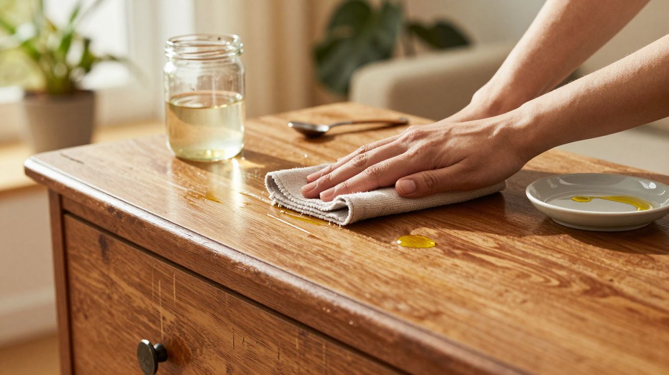 Ręka czyści rozlany olej z drewnianego stołu ściereczką, obok stoi słoik i łyżeczka.