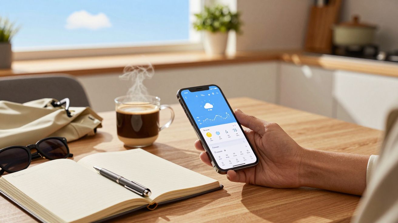 Osoba trzyma smartfon z aplikacją pogodową, na stole leżą notes, długopis i okulary, w tle kubek z parującą kawą.