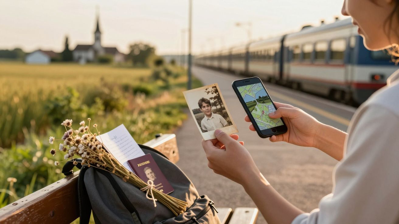 Osoba na stacji kolejowej trzyma zdjęcie i smartfon z mapą obok plecaka z paszportem i kwiatami.