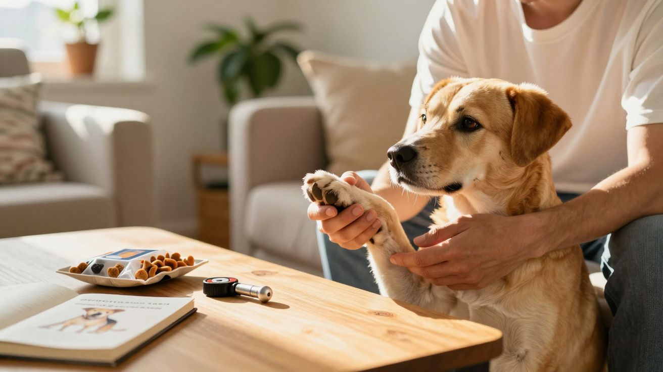 Mężczyzna w białej koszulce trzyma łapę psa w salonie, na stole książka, pilot i miska z przysmakami.