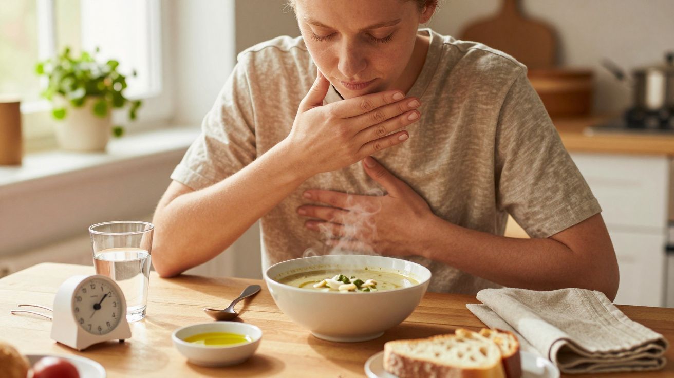Osoba siedząca przy stole, trzymająca dłoń na piersi, przed nią miska parującej zupy i kromki chleba.