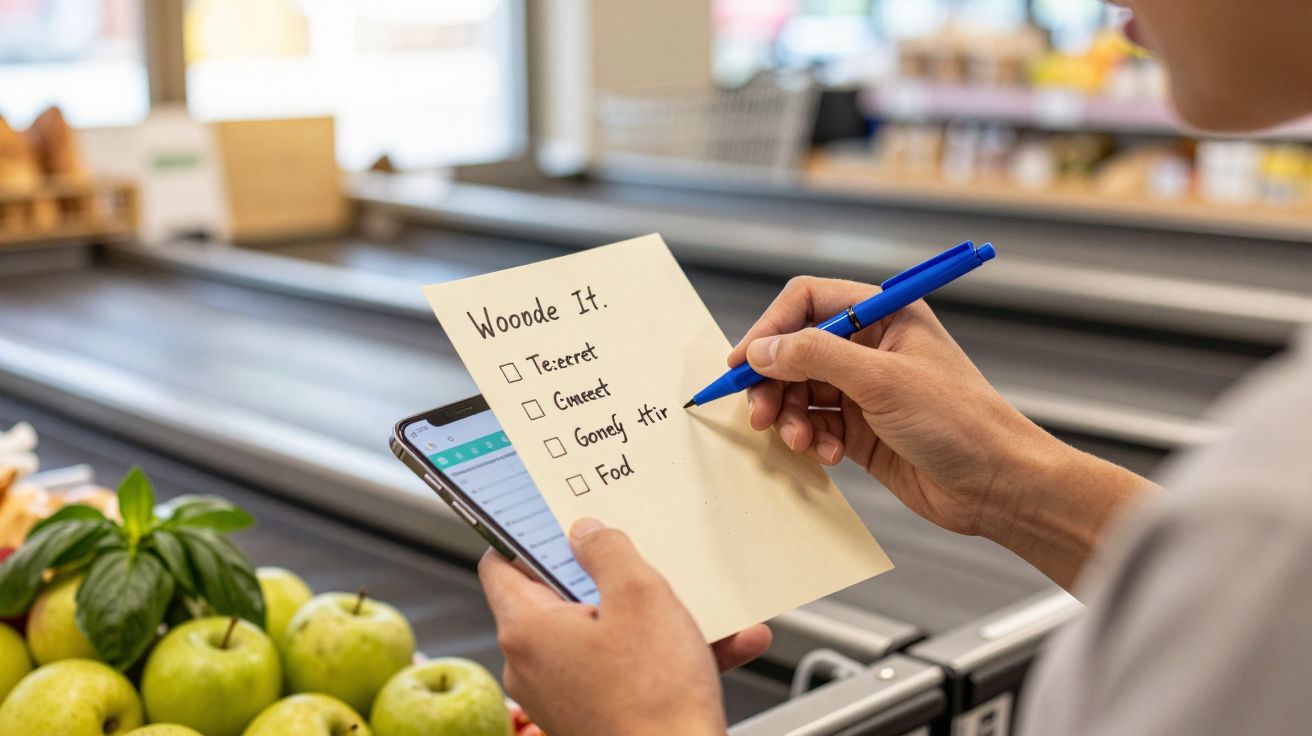 Osoba trzymająca listę zakupów i smartfon w supermarkecie, zielone jabłka na pierwszym planie.