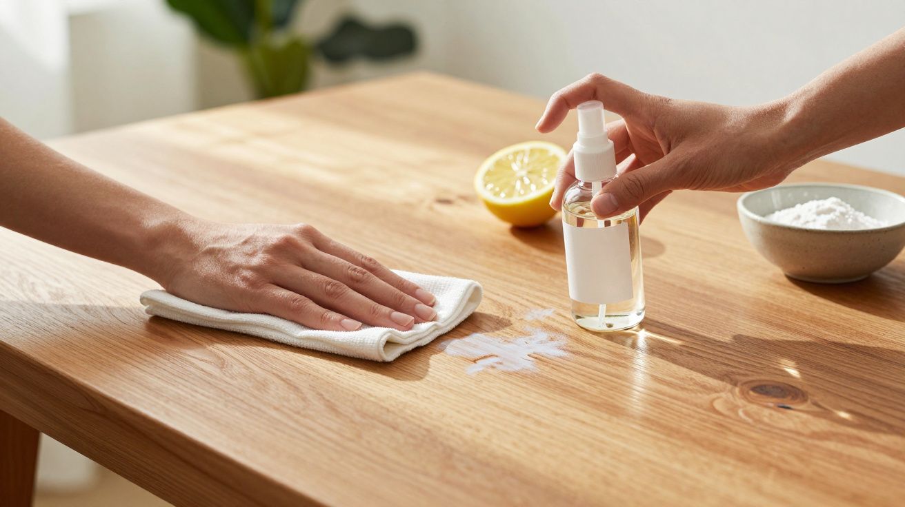 Ręka sprzątająca drewniany stół z użyciem ściereczki i sprayu, obok miska i połówka cytryny.