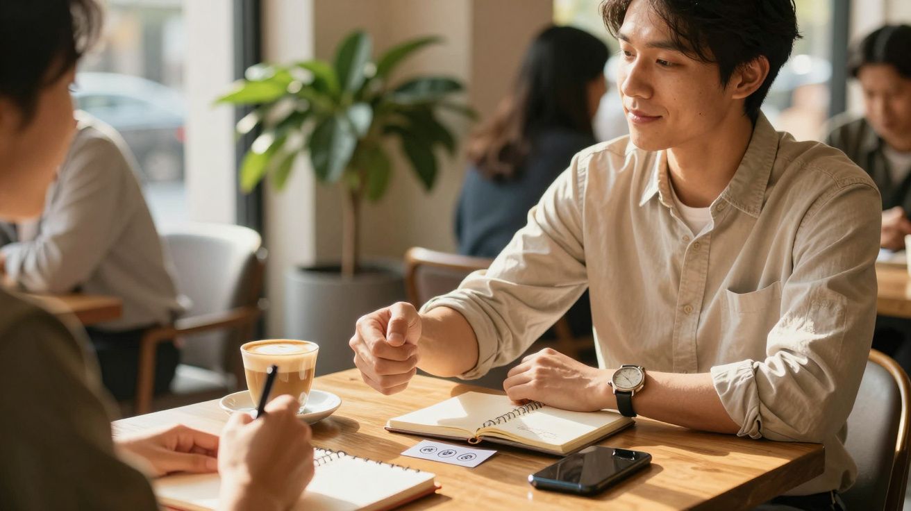 Dwójka osób rozmawia przy stole w kawiarni, z notesami i filiżanką kawy.