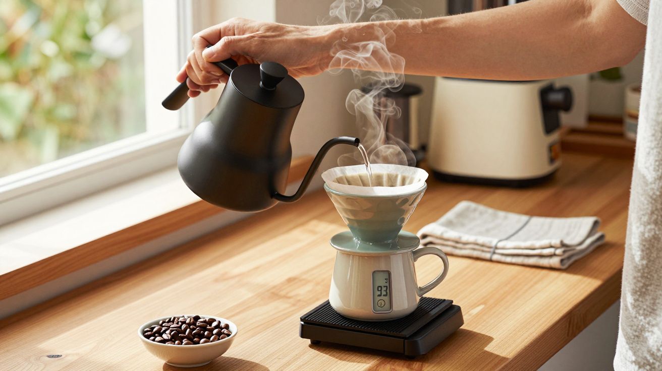 Osoba nalewa gorącą wodę z czajnika do dripa na wadze kuchennej, parząc kawę przy oknie.