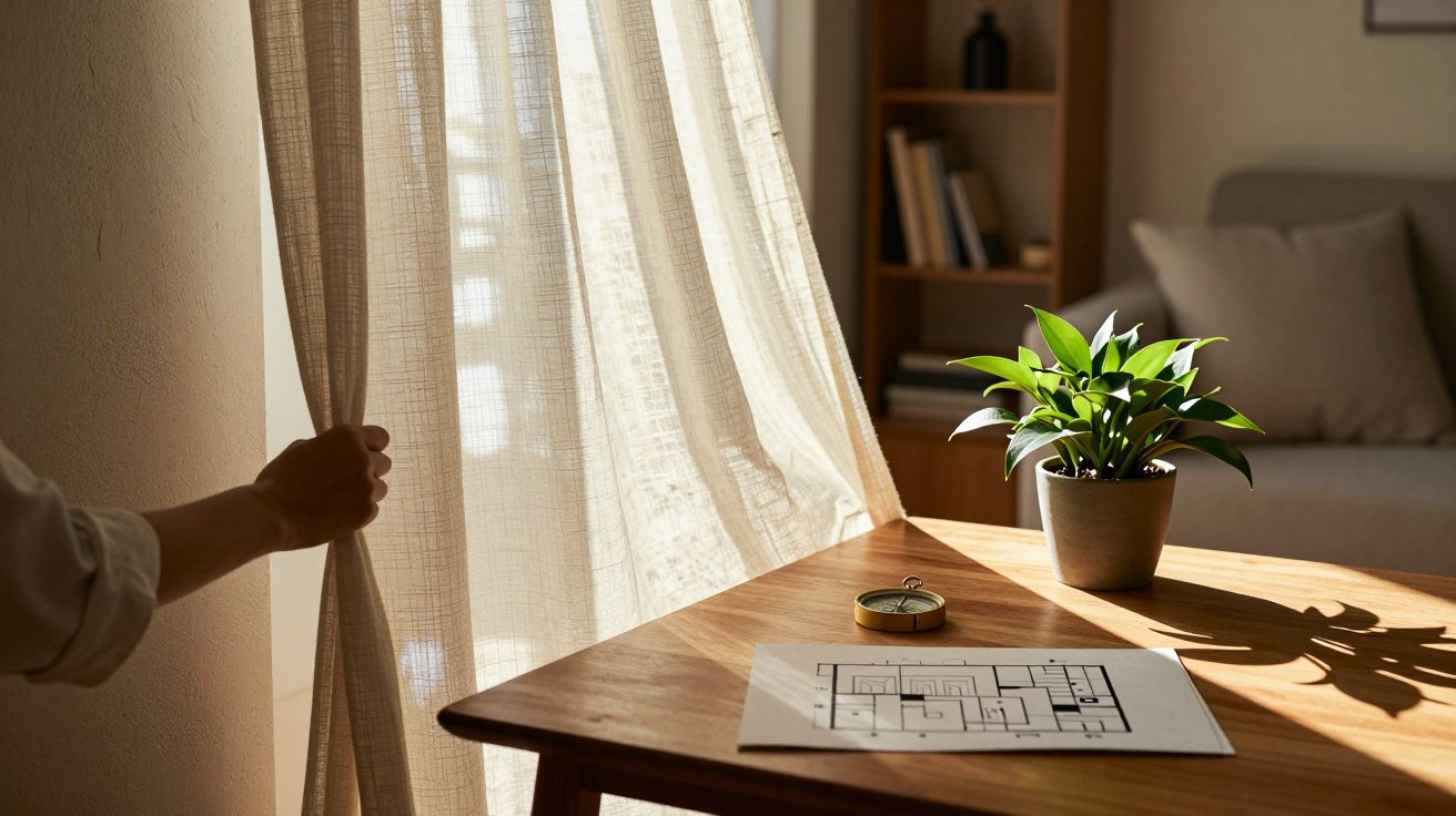 Osoba odsłania zasłonę, na stole roślina doniczkowa, kompas i kartka z labiryntem, w tle regał.