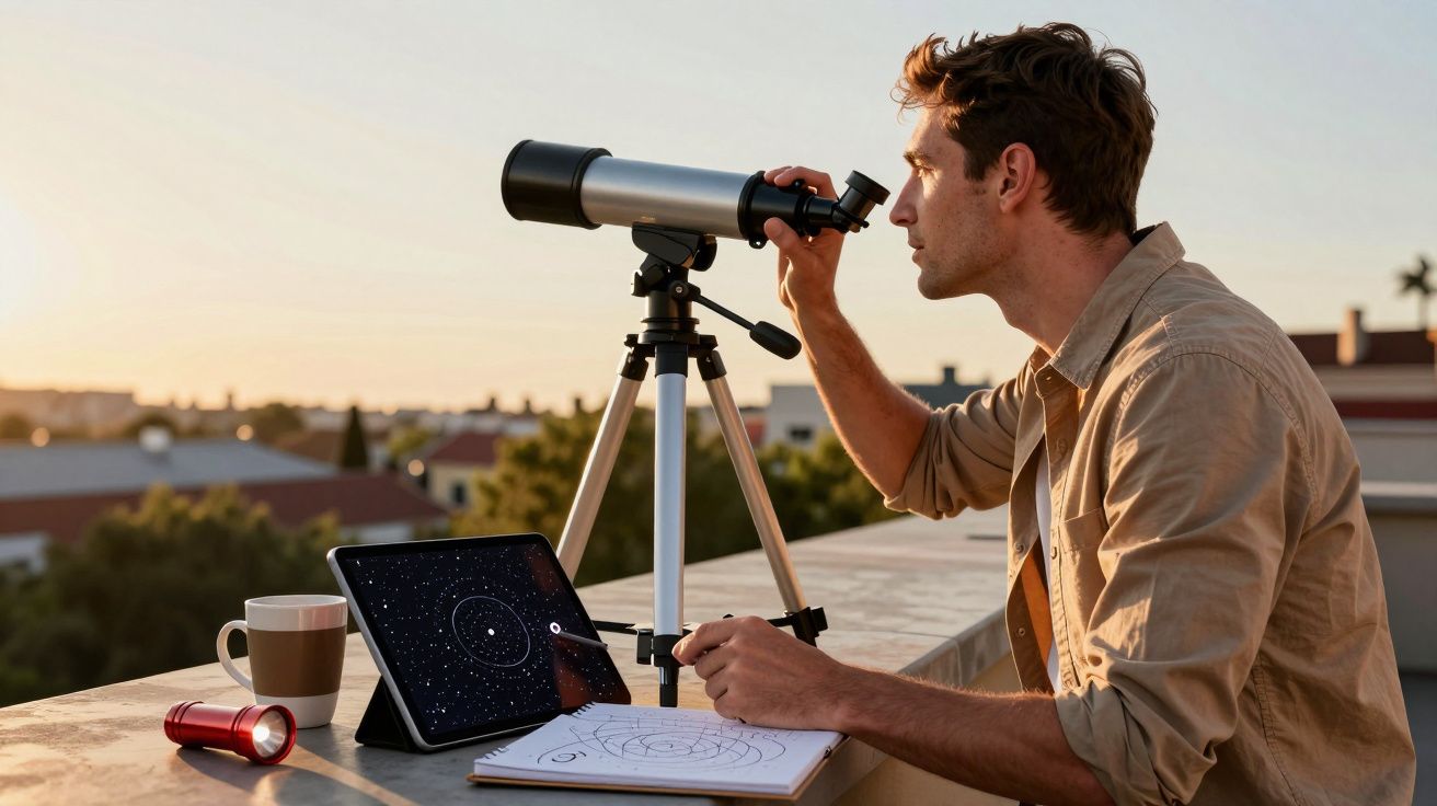 Mężczyzna obserwuje niebo przez teleskop na balkonie, obok tablet z mapą nieba, kubek i latarka.