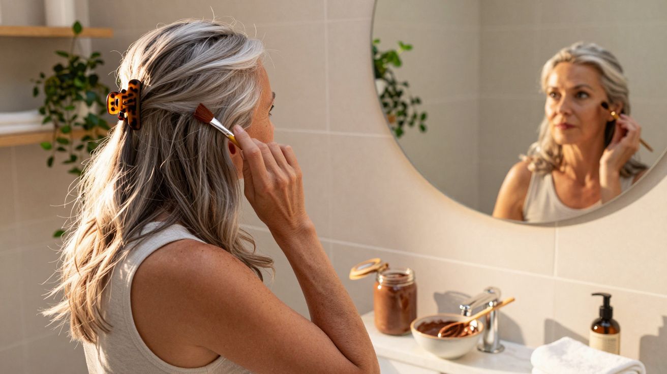Kobieta z długimi siwymi włosami nakłada makijaż przed lustrem w łazience.