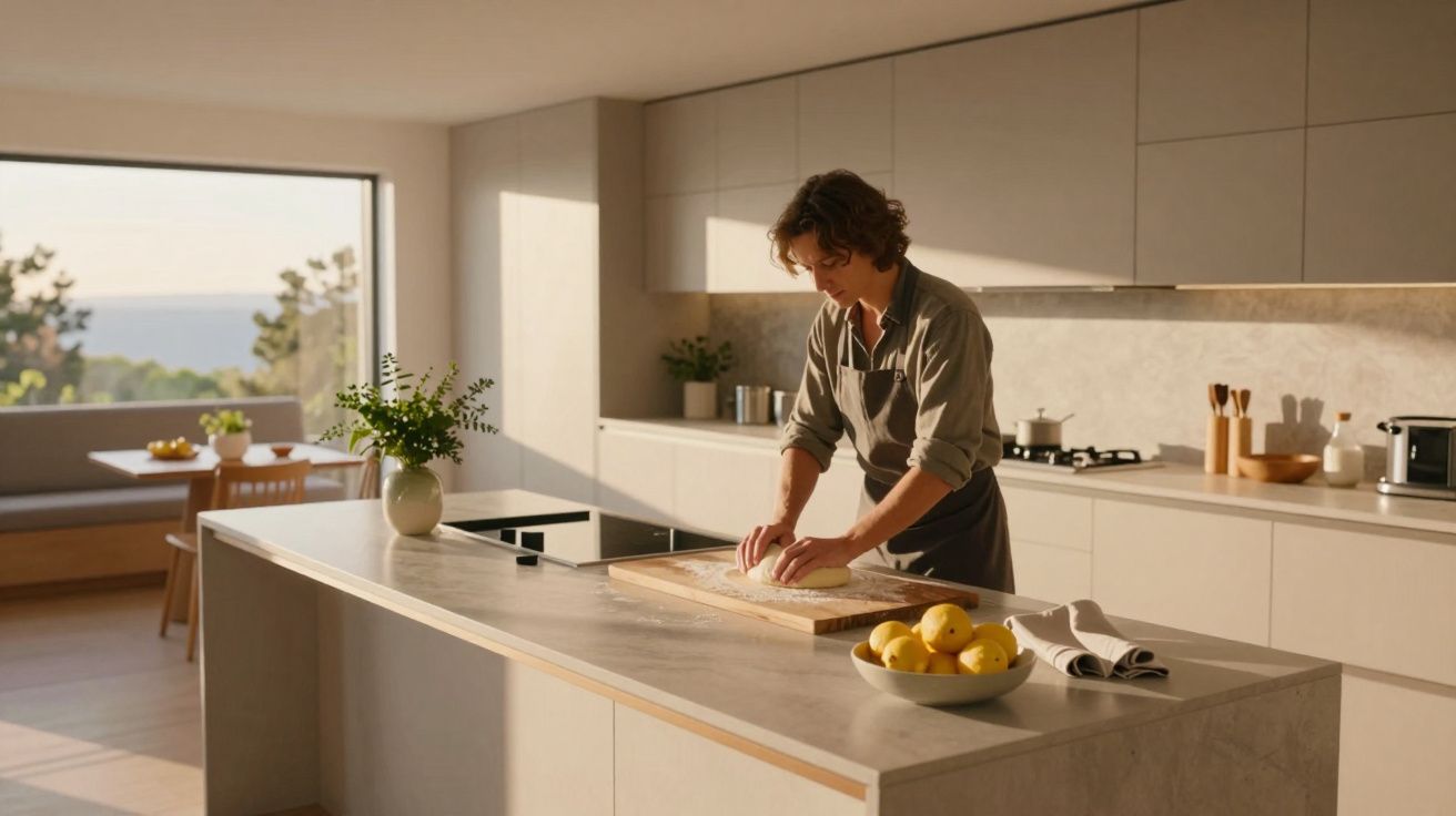 Osoba zagniata ciasto w nowoczesnej kuchni z dużym oknem i widokiem na zieleń.