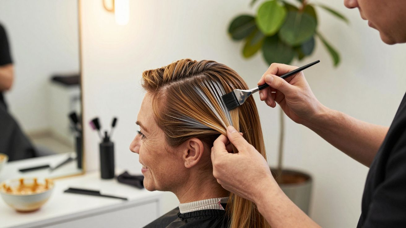 Fryzjer farbuje włosy kobiety w salonie, używając pędzla do nakładania farby.