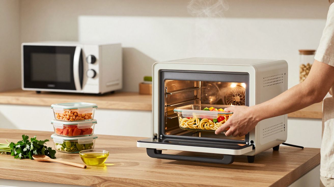 Osoba wkłada naczynie z jedzeniem do piekarnika na blacie kuchennym, obok mikrofalówka i pojemniki z warzywami.