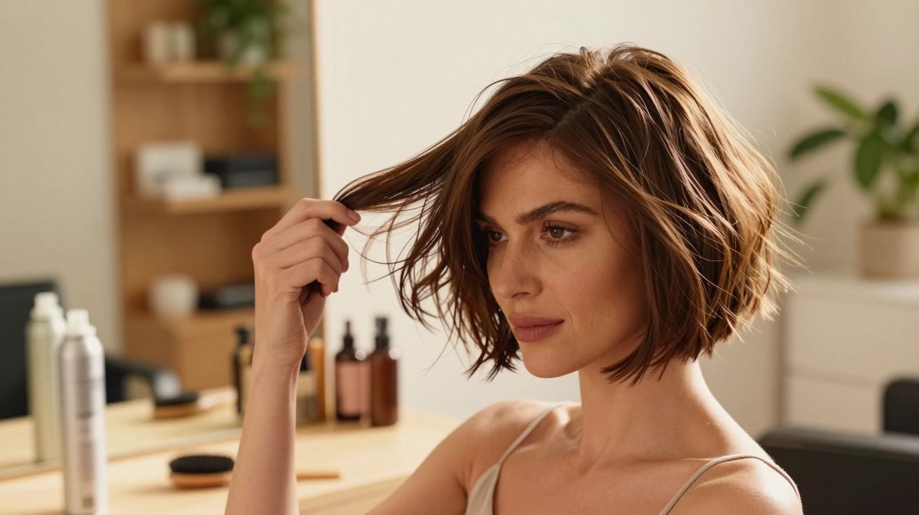 Kobieta z krótkimi, falistymi włosami, dotykająca ich dłonią. W tle toaletka z kosmetykami.