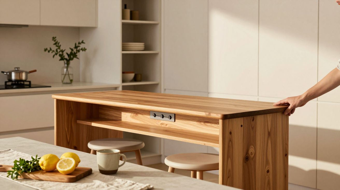 Kuchnia z drewnianym blatem, półką, stołkami i filiżanką na stole.