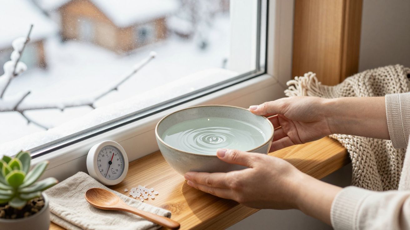 Osoba trzyma misę z wodą na parapecie przy oknie. Obok leży termometr, łyżka, sól i sukulent. Za oknem pada śnieg.