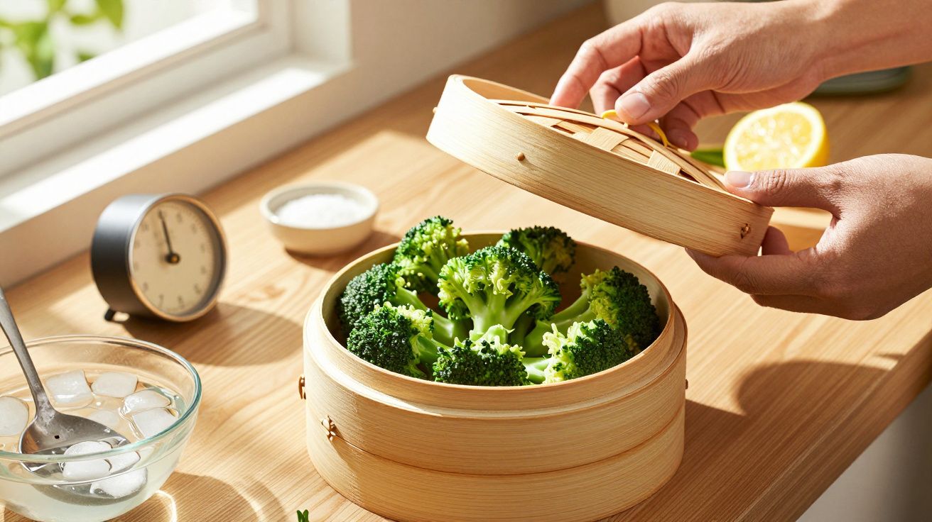 Ręce otwierające bambusowy parownik z brokułami na drewnianym blacie, obok zegar, sól i lód.