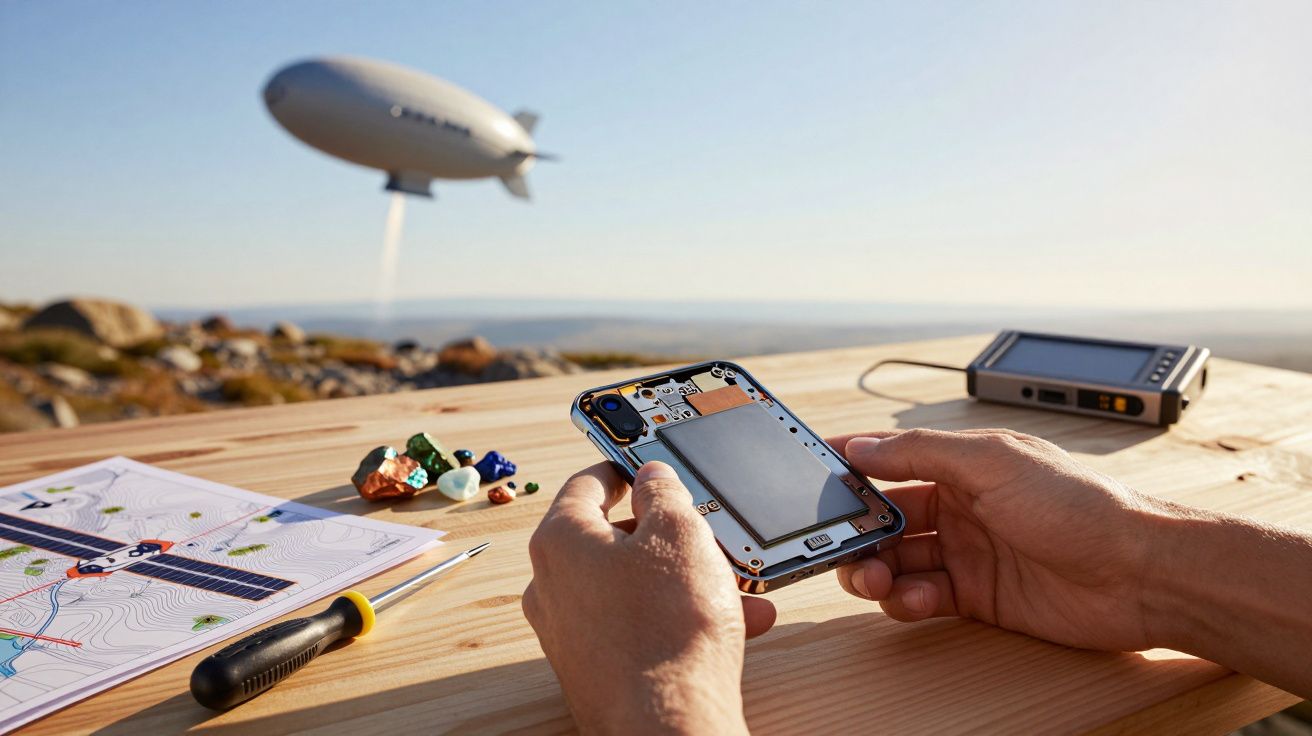 Osoba trzyma otwarty telefon na drewnianym stole na tle sterowca, narzędzi i mapy na świeżym powietrzu.