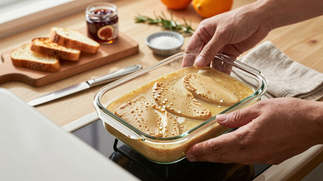 Osoba trzyma szklane naczynie z pieczarkami w marynacie na blacie, obok deska z chlebem i słoik dżemu.