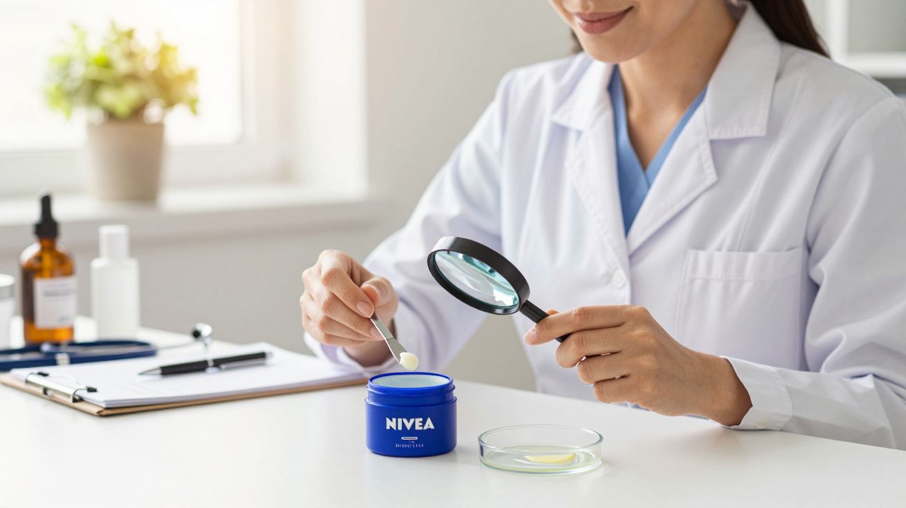 Kobieta w białym fartuchu bada krem Nivea na biurku w laboratorium.