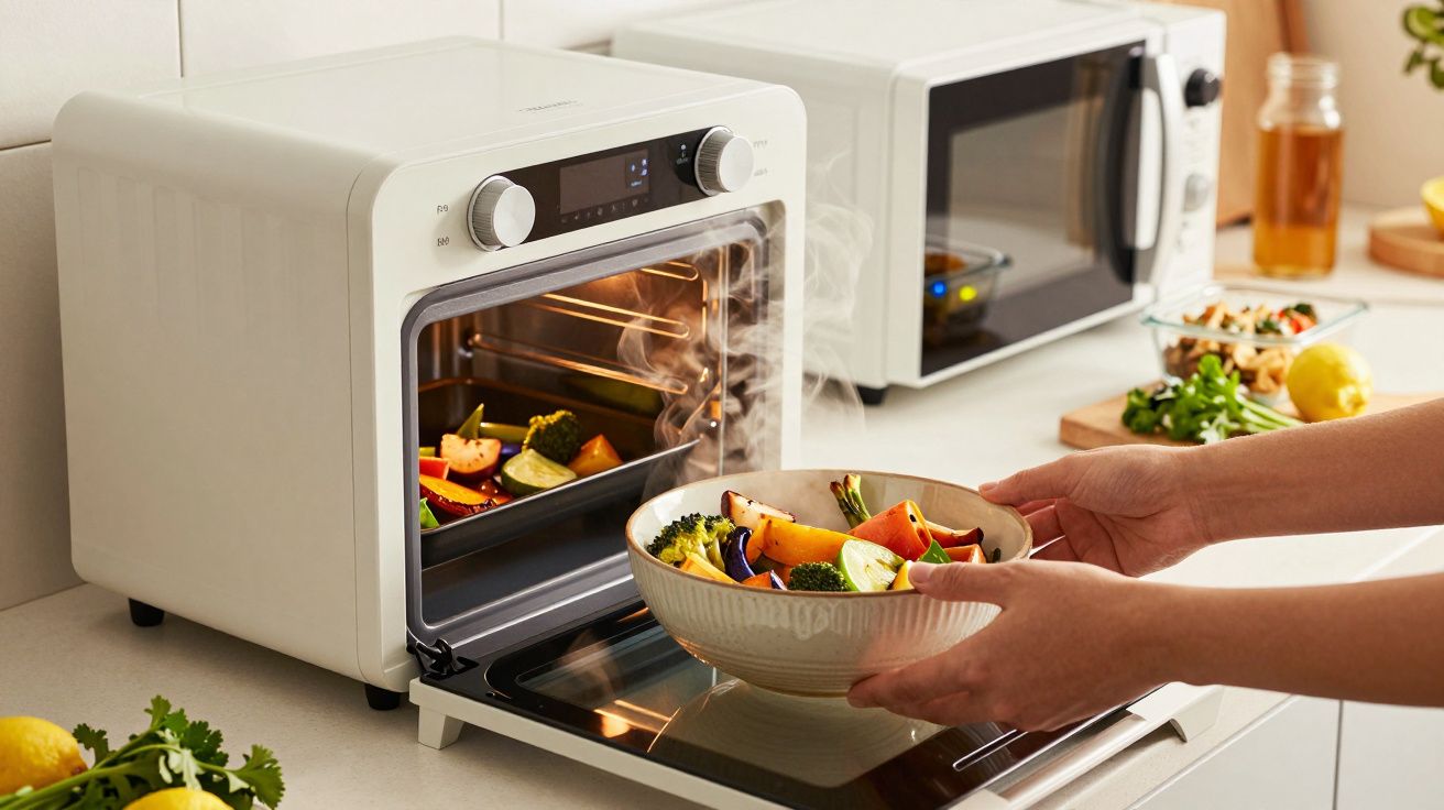 Osoba wyjmuje misę warzyw z nagrzanego piekarnika na blacie kuchennym.