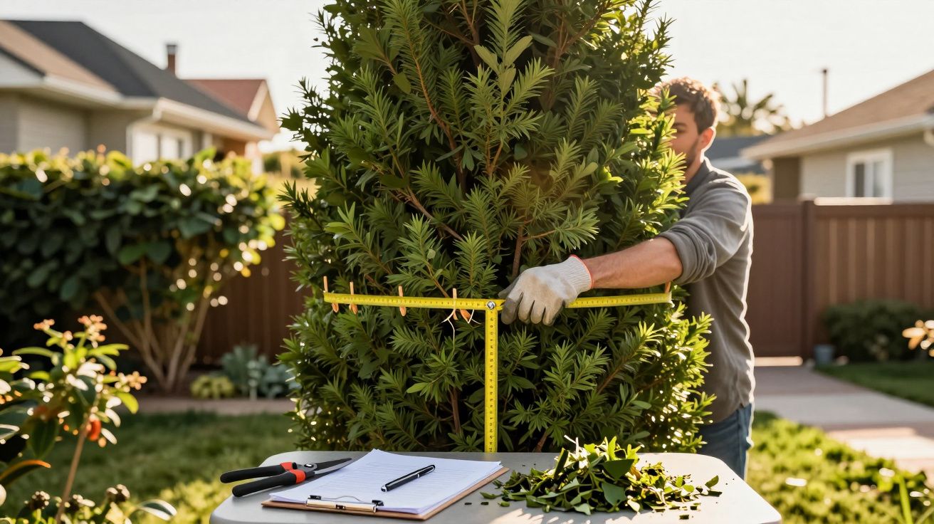 Mężczyzna mierzący taśmą obwód drzewa w ogrodzie, obok stół z notatnikiem i sekatorem.