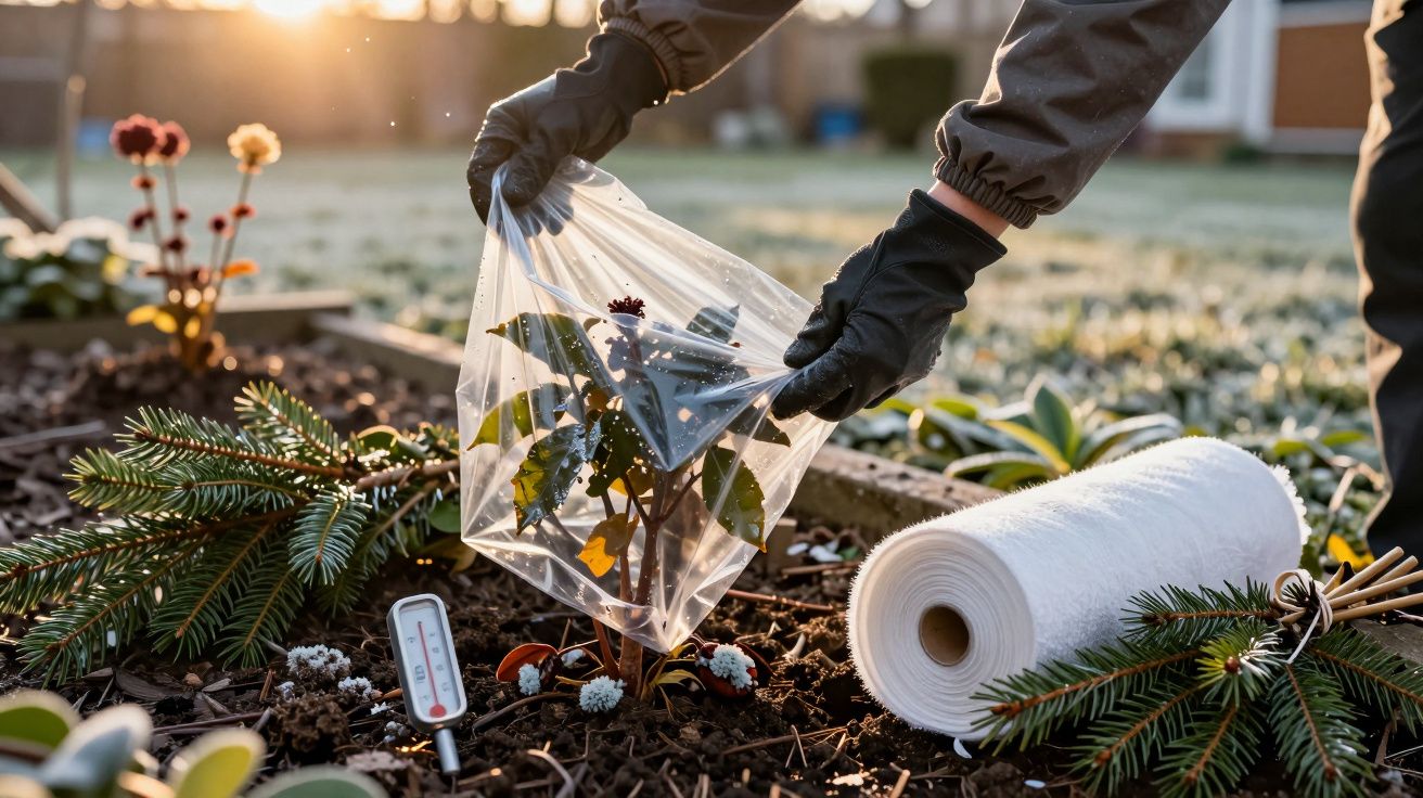 Osoba w czarnych rękawiczkach zakłada plastikową osłonę na roślinę w ogrodzie, wśród gałęzi świerku i termometru.