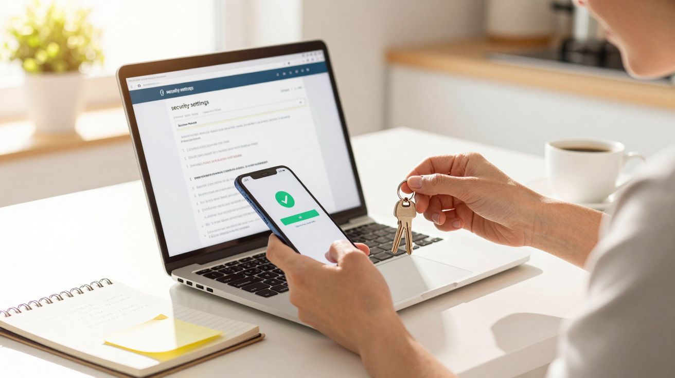 Osoba trzyma klucze i telefon z aplikacją zabezpieczeń przed laptopem na biurku.