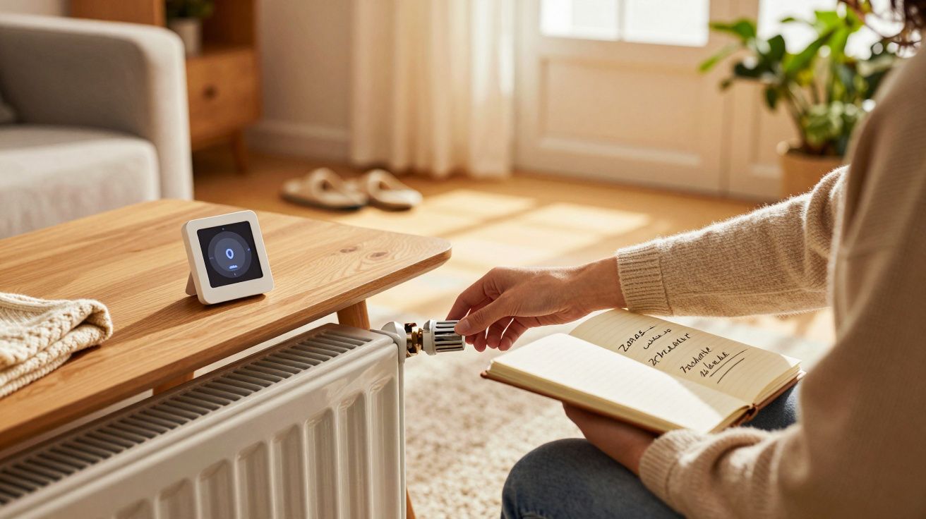 Osoba reguluje kaloryfer, trzyma zeszyt. Na stoliku leży termostat, w tle jasny pokój.